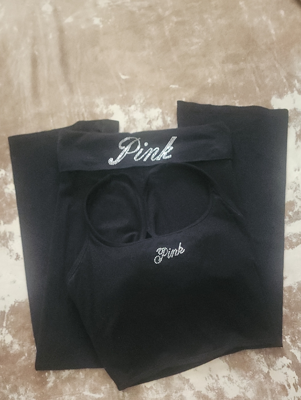 Pink VS Matching Set Tank And Wide Legged Leggings With Bling. Size: M - Picture 3 of 11